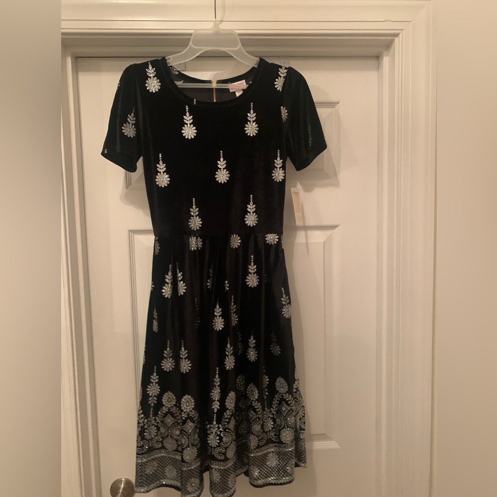 NWT LuLaRoe Amelia dress black velvet w/ silver glitter foil floral appliqués S